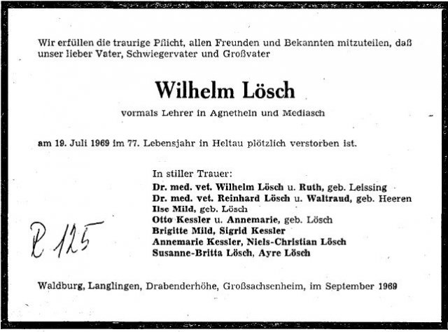 Loesch Wilhelm 1892-1969 Todesanzeige